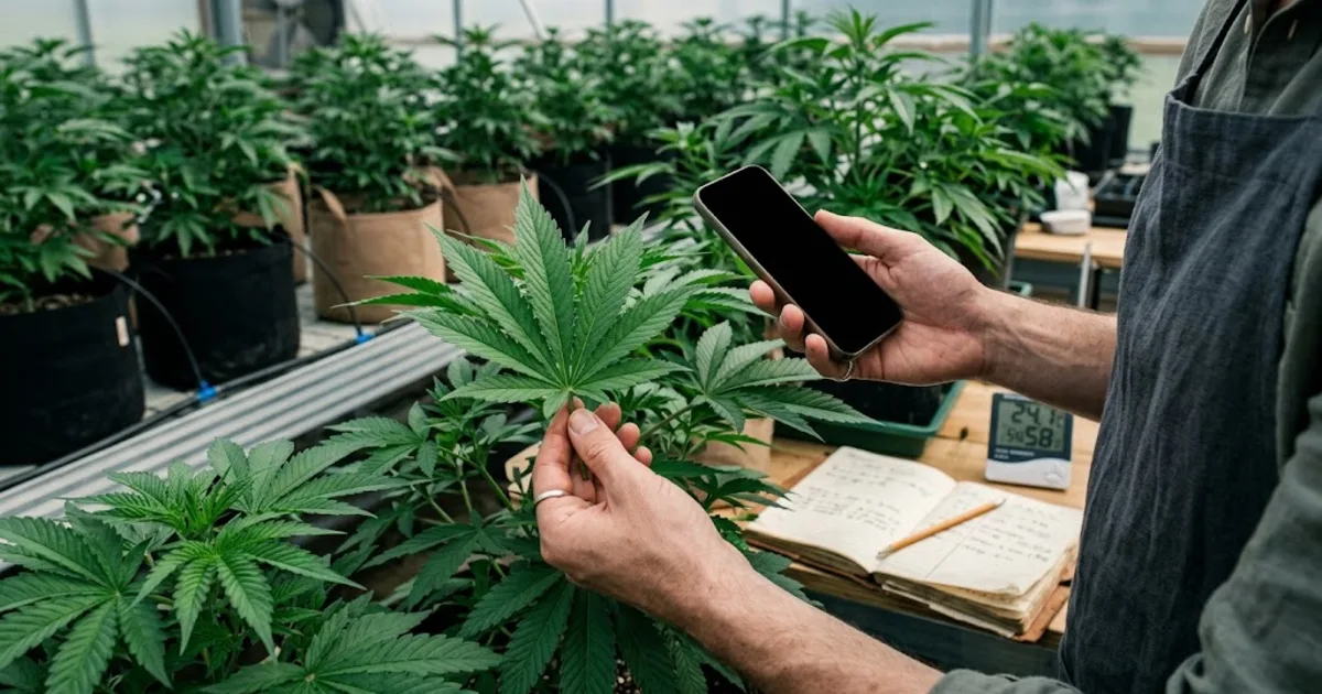 Pessoa inspecionando folhas de cannabis e registrando observações no celular
